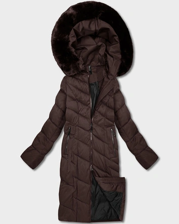 Długa kurtka damska z kapturem brązowa (7662#-F01)