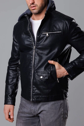 Kurtka męska z dresowym kapturem ekoskóra czarna (11Z8022)