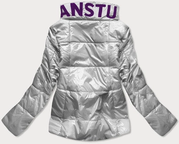 Krótka pikowana kurtka damska ze stójką srebrna (b9567)