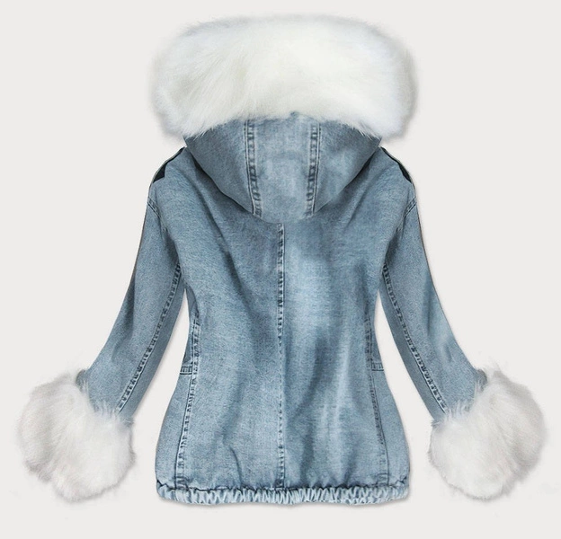 DAMSKA KRÓTKA KURTKA JEANSOWA Z FUTRZANĄ PODPINKĄ NIEBIESKO - BIAŁA (T2866)