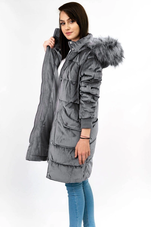 Sztruksowa zimowa kurtka damska z kapturem szara (7764)