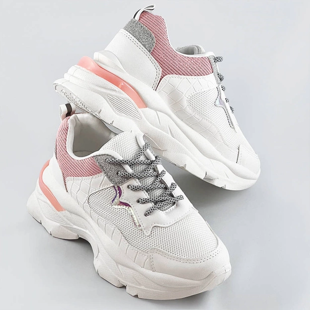 Sznurowane buty sportowe damskie biało-różowe (lu-3)