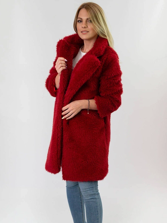 FUTRZANY ZIMOWY DAMSKI PŁASZCZ Z KIESZENIAMI BORDOWY (461ART)