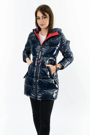 BŁYSZCZĄCA ZIMOWA KURTKA DAMSKA GRANATOWO-CZERWONA (R9545)
