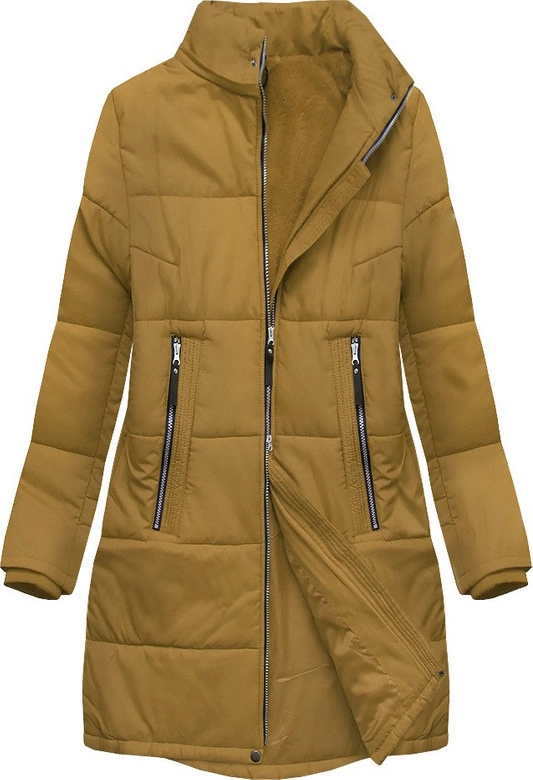 PIKOWANA DAMSKA KURTKA ZIMOWA Z KAPTUREM MUSZTARDOWA (B2627)