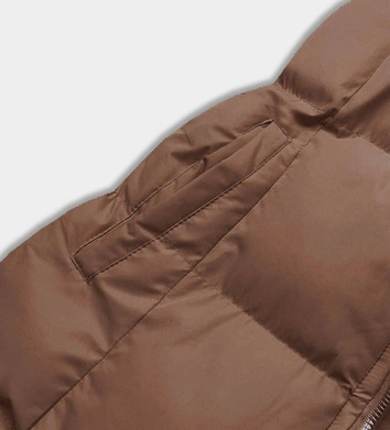 Puchowy bezrękawnik damski z kapturem ciemny beżowy (5M721-84)