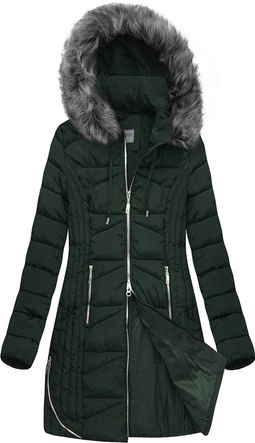 PIKOWANA DAMSKA KURTKA ZIMOWA Z KAPTUREM BUTELKOWA ZIELEŃ (B2632-30)