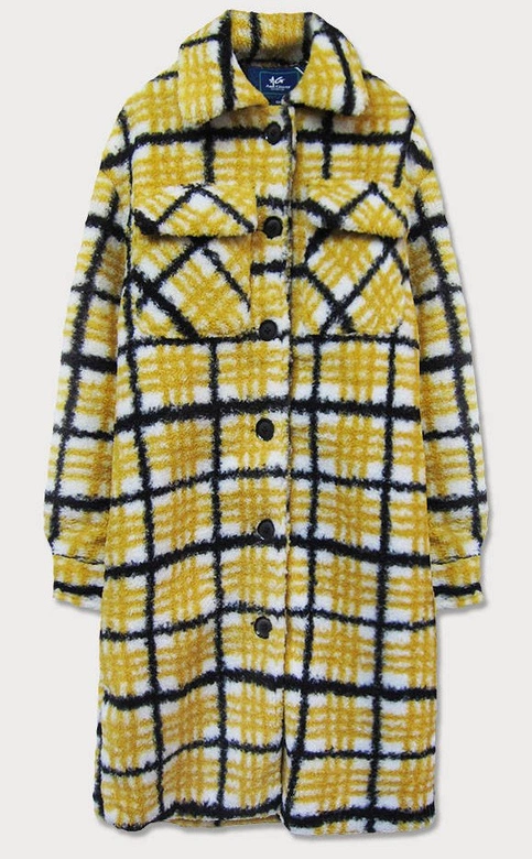 PLUSZOWY DAMSKI PŁASZCZ W KRATĘ ŻÓŁTY (002)