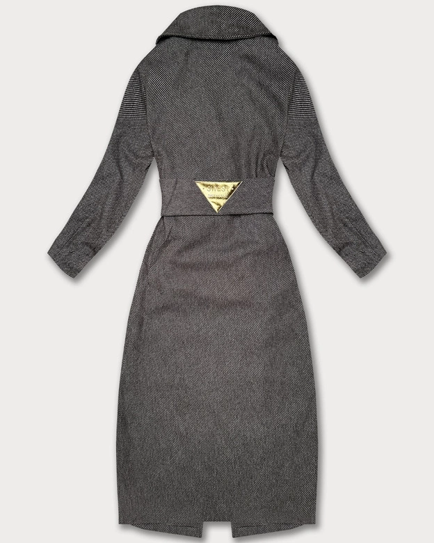 Długi płaszcz damski z paskiem S'West brązowy-paseczki (B8542-14)