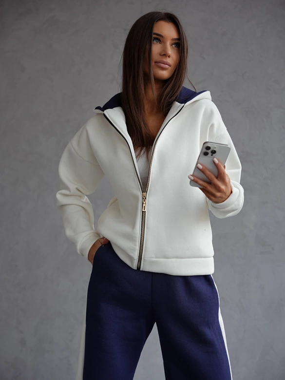 Gruby bawełniany komplet damski z rozpinaną bluzą biały-granat (503)