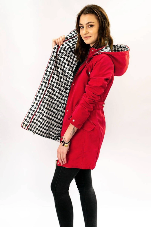 DWUSTRONNA TALIOWANA KURTKA DAMSKA CZERWONA-PEPITKA (W350)
