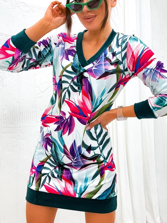 Welurowa sukienka w liście zielony/róż (8268)