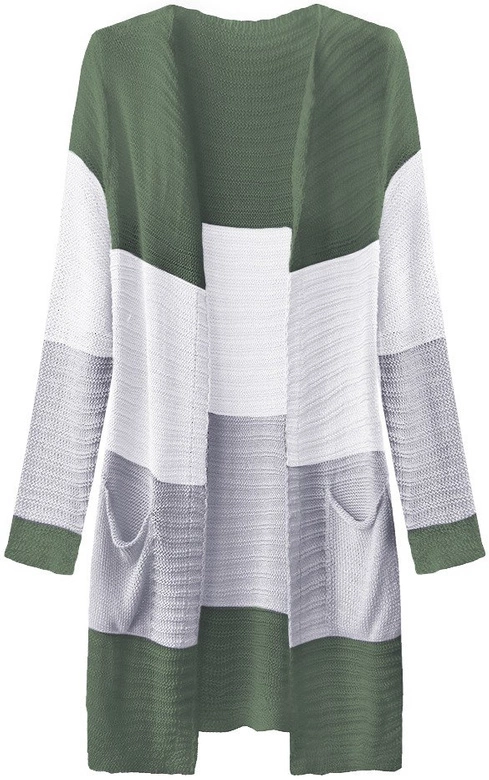 AŻUROWY KARDIGAN Z KIESZENIAMI KHAKI-BIAŁY (221ART)