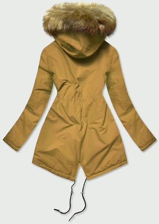 Zimowa kurtka damska typu parka musztardowa (b2628)