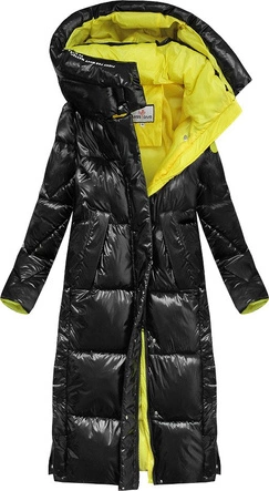 BŁYSZCZĄCY PŁASZCZ Z PUCHEM NATURALNYM CZARNO-ŻÓŁTY (H9178)