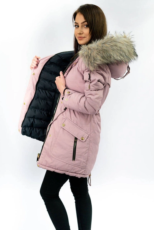 DWUSTRONNA DAMSKA KURTKA ZIMOWA Z KAPTUREM RÓŻOWO-GRANATOWA (W632)