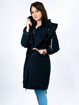 PROSTY DAMSKI ZIMOWY PŁASZCZ Z PUCHEM NATURALNYM GRANATOWY (17116)