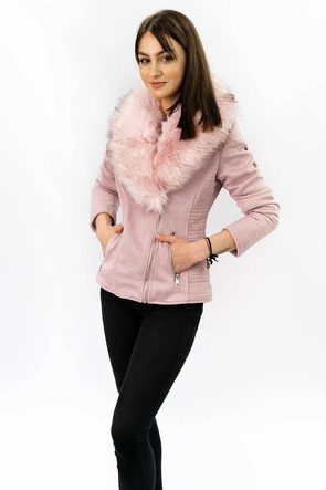 Zamszowa ramoneska damska z futerkiem pudrowy róż (6501)