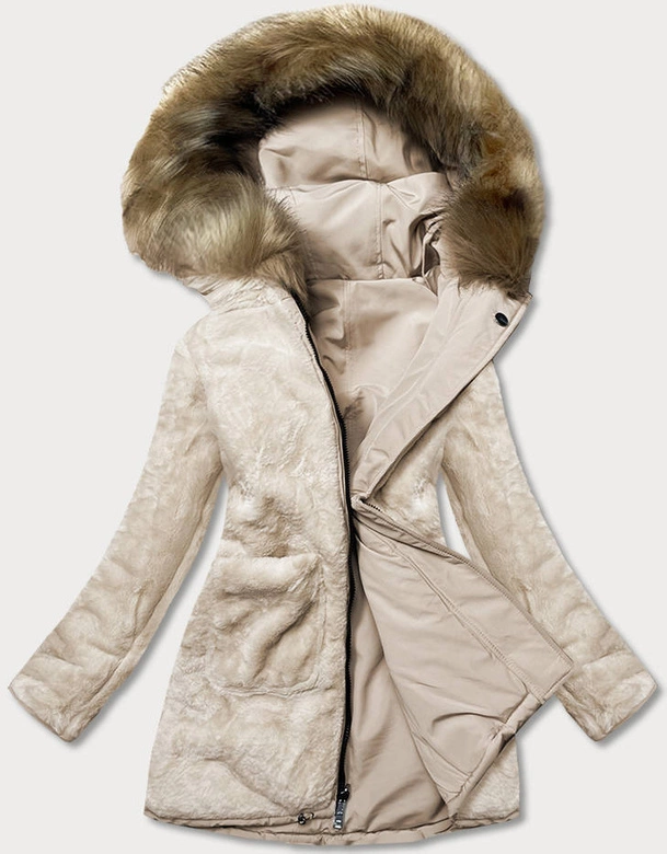 Ciepła kurtka zimowa damska dwustronna beżowa (w610)