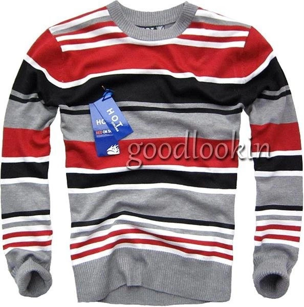 ELEGANCKI SWETER W PASY HOT RED ON SUN BORDOWY (5001)