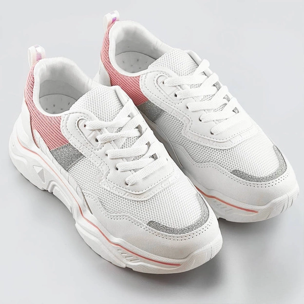 Sneakersy damskie z brokatowymi wstawkami biało-różowe (lu-2)