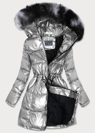 METALICZNA KURTKA ZIMOWA DAMSKA SREBRNA (B9528)