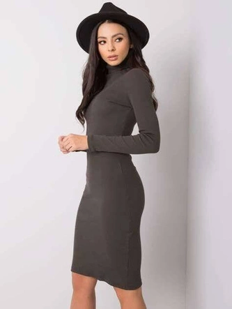  Dopasowana sukienka w prążki z golfem Rue Paris ciemny khaki (5133)