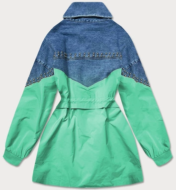 Damska kurtka jeans denim z łączonych materiałów niebiesko-zielona (pffs12233)