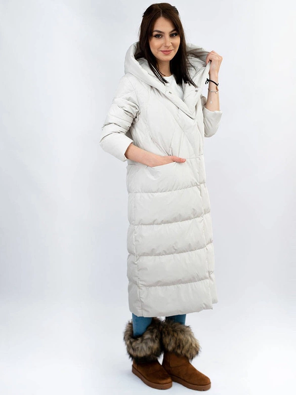 PROSTY ZIMOWY PŁASZCZ DAMSKI Z PUCHEM NATURALNYM JASNOSZARY (7120)