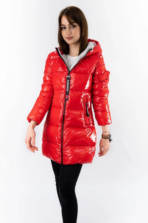 BŁYSZCZĄCA ZIMOWA KURTKA DAMSKA CZERWONO-SZARA (R9545)