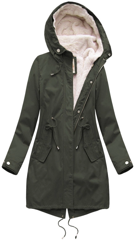 Zimowa damska parka z podpinką i kapturem army (7626BIG)