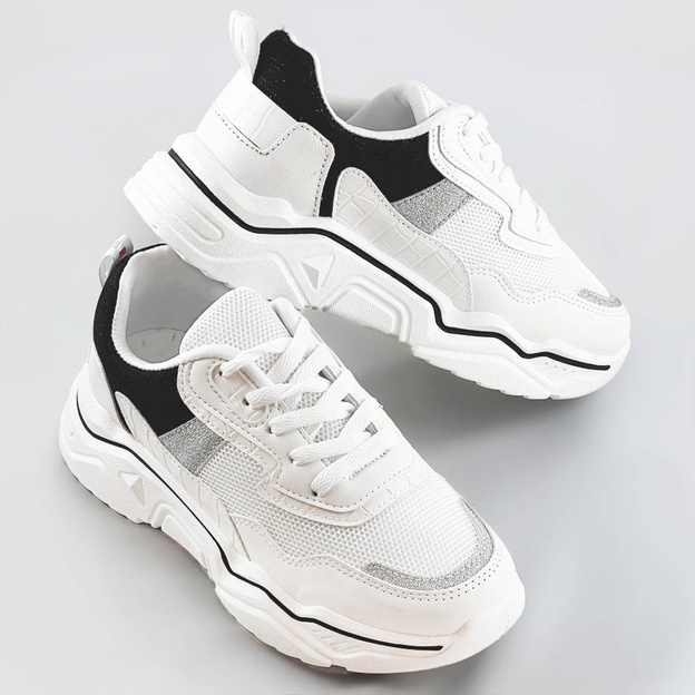Sneakersy damskie z brokatowymi wstawkami biało-czarne (lu-2)