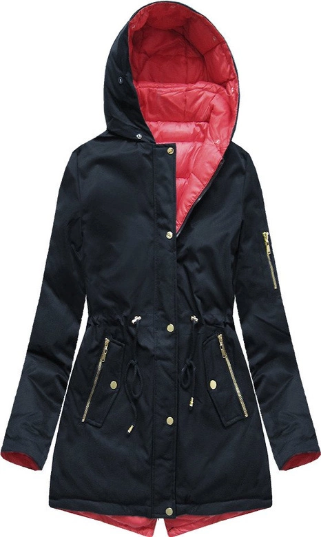 DWUSTRONNA ZIMOWA PARKA DAMSKA Z KAPTUREM GRANATOWO-CZERWONA (B2636)