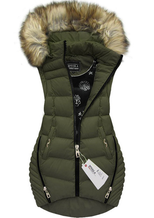 ASYMETRYCZNA KURTKA/BEZRĘKAWNIK Z KAPTUREM KHAKI (W816)