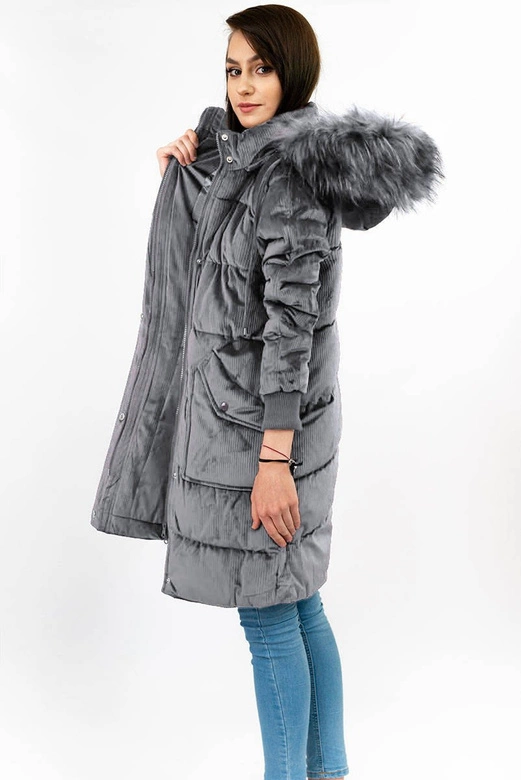 Sztruksowa zimowa kurtka damska z kapturem szara (7764)