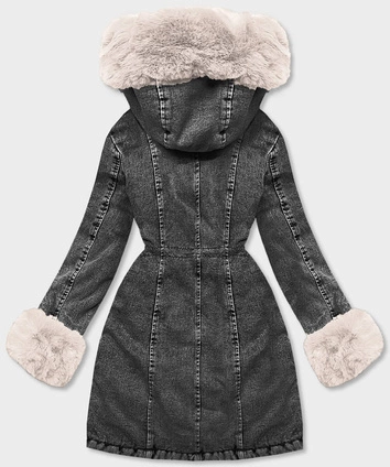 Damska kurtka jeansowa na futrzanej podszewce czarna-ecru (B8068-1046)