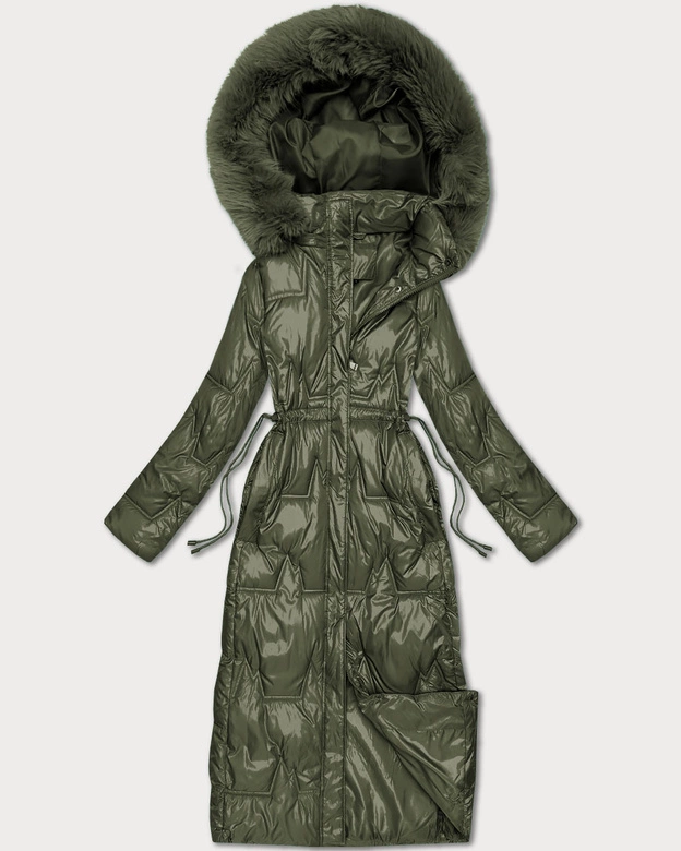 Długa pikowana damska kurtka zimowa khaki (T2-2221#-22)