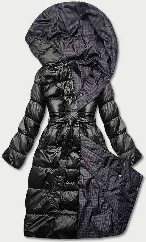 Dwustronna długa kurtka z kapturem czarna/oberżyna (P22-6638-1+1)