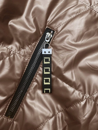 Krótka błyszcząca kurtka damska ze stójką cappucino (5M3195)