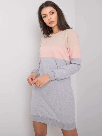 Trójkolorowa długa bluza damska z kieszeniami beż/róż/szary (5869)