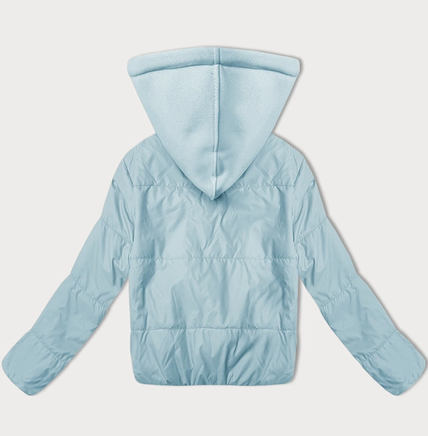 Krótka kurtka damska z dzianinowym kapturem J Style błękitna (16M9236-240)