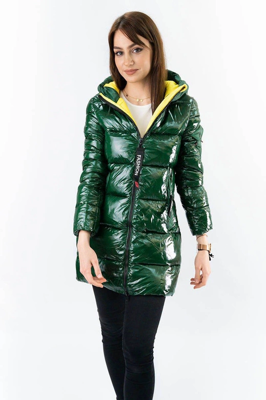BŁYSZCZĄCA ZIMOWA KURTKA DAMSKA ZIELONO-ŻÓŁTA (R9545)