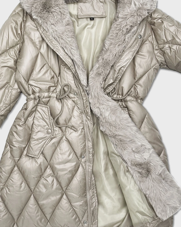 Kurtka z futrzanym kapturem tworzącym kołnierz beżowa (T3-2635#-62)