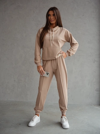 Komplet dresowy bluza ze stójką i spodnie beżowy (82162)
