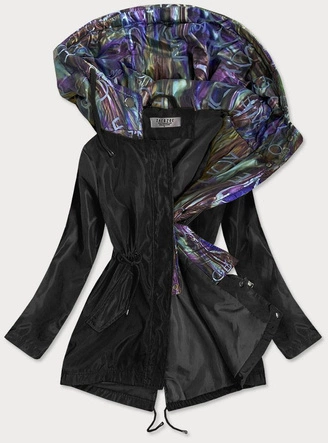 KURTKA DAMSKA Z OZDOBNYM KAPTUREM CZARNA/MULTIKOLOR (YR2022)