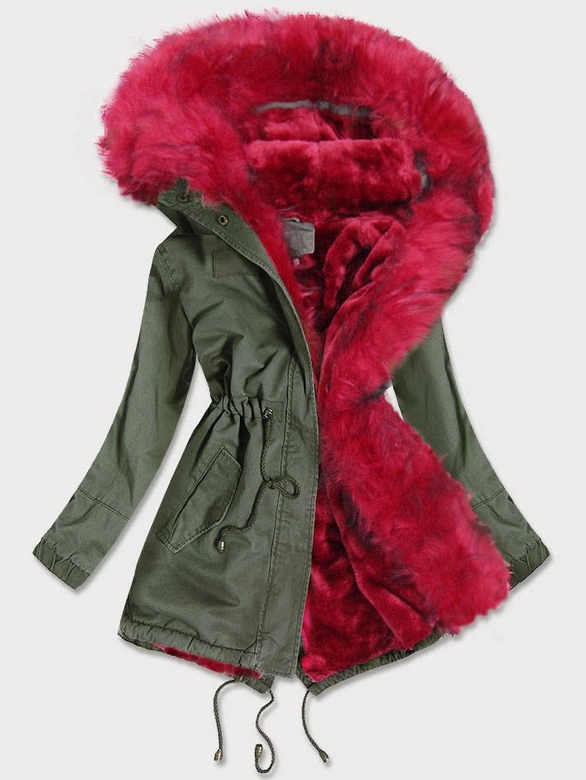 ZIMOWA PARKA DAMSKA Z KOLOROWYM FUTREM KHAKI-CZERWONA (D-216#)