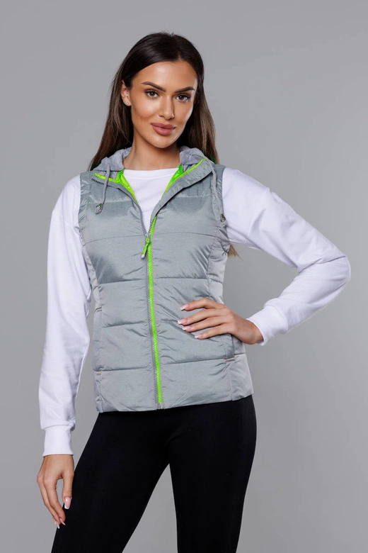 Kamizelka damska z dzianinowym kapturem szaro-limonkowa (DW-21604)