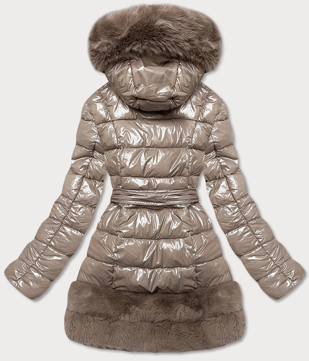 Pikowana kurtka zimowa damska obszyta futrem beżowa (1209)