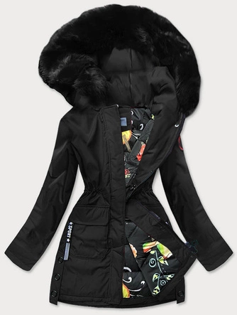 KURTKA ZIMOWA DAMSKA Z OZDOBNĄ PODSZEWKĄ CZARNA (R9577)