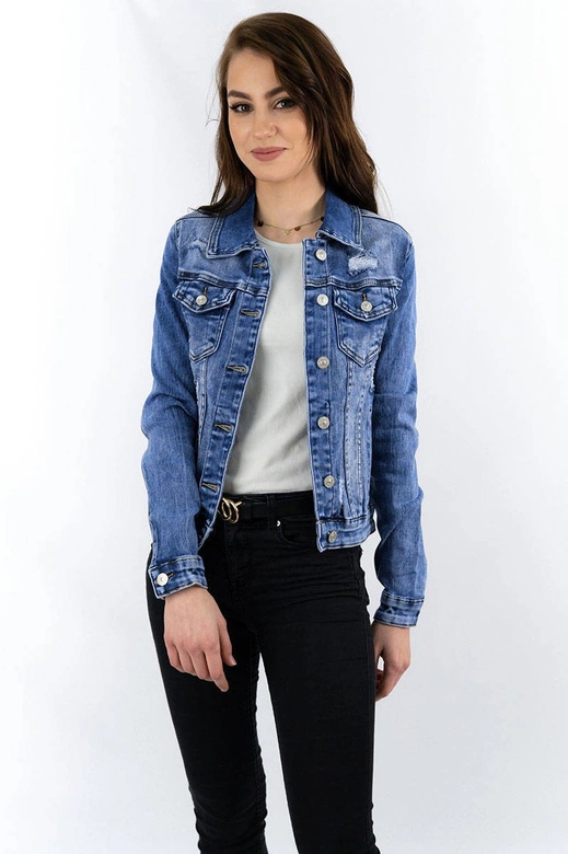 KRÓTKA DAMSKA KURTKA JEANSOWA Z CEKINAMI NIEBIESKA (5822-K)